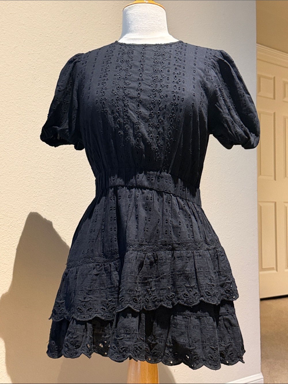 Zara Black Eyelet Puff Sleeve Tiered Mini Dress
